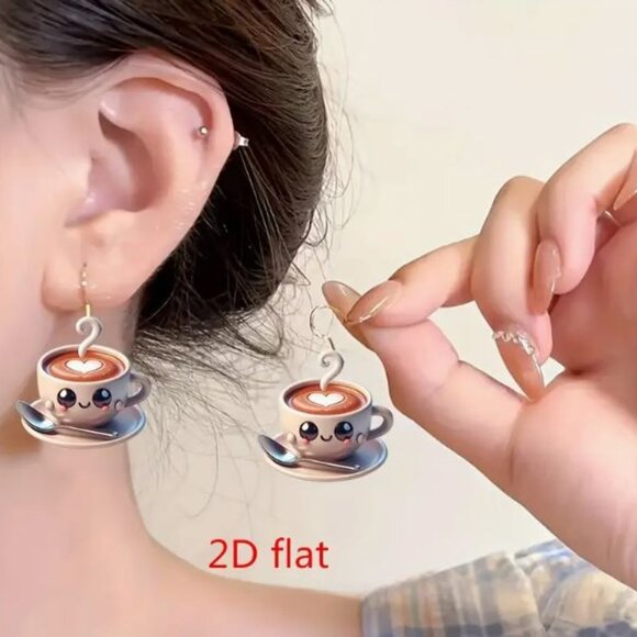2D Acrylic Heart Coffee Cup Drop Earrings with Stainless Steel Hooks - Picture 1 of 2